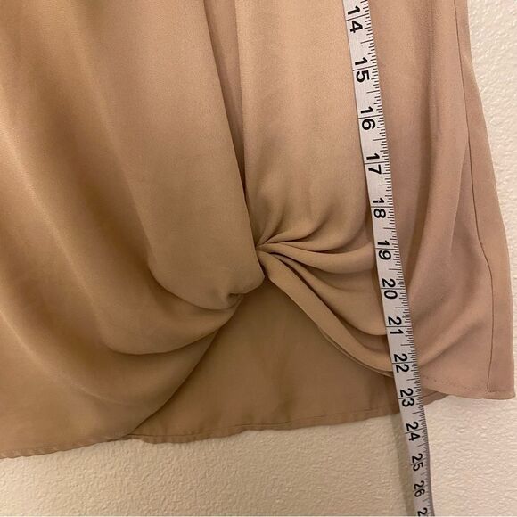 Pleione Twisted knot Hem Hi-Low Top beige tan semi sheer crew neck blouse S - Picture 6 of 8